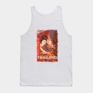 Antique Thai colorful temple mural of a young couple embracing in traditional period ceremonial clothing Tank Top